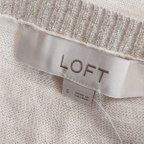 LOFT! LINEN+!CREAMY OATMEAL & GOLD TRIM LIGHTWEIGHT 3/4 SLEEVE SWEATER TOP! SZ S - Picture 7 of 9